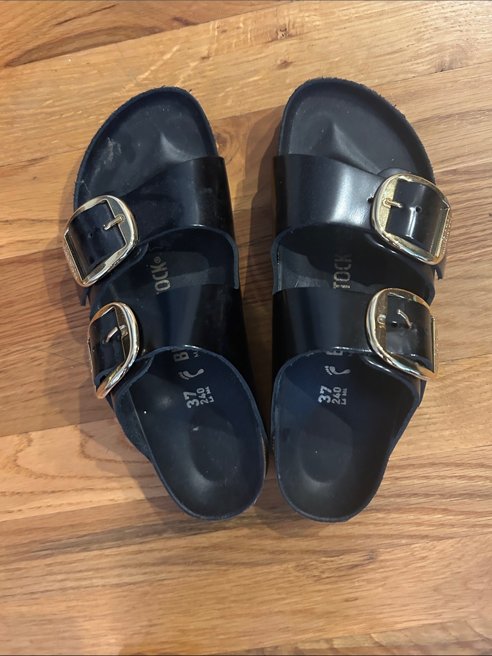 Black Birkenstock Triple-Buckle Slide Sandals with Gold Buckles - Shiny Finish - Picture 4 of 4
